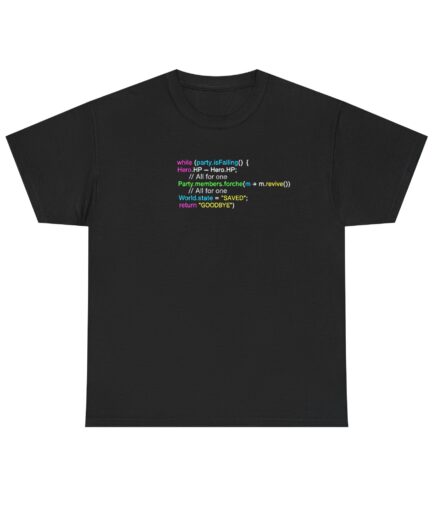 Retro RPG, "Hero Dies, Party Is Saved"  Code T-Shirt